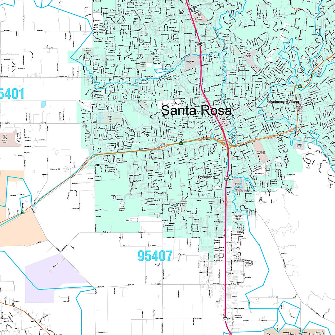Premium Style Wall Map of Santa Rosa, CA