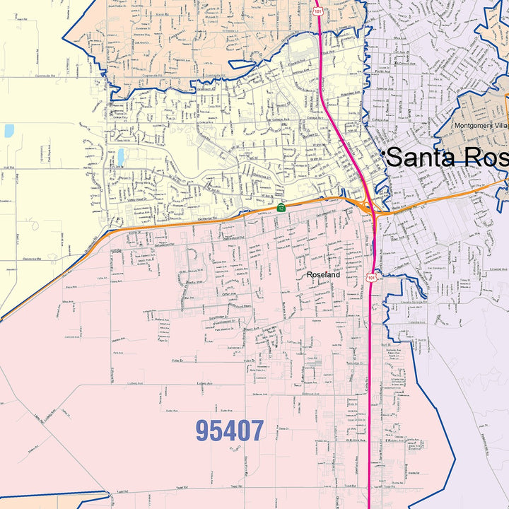 Color Cast Zip Code Style Wall Map of Santa Rosa, CA