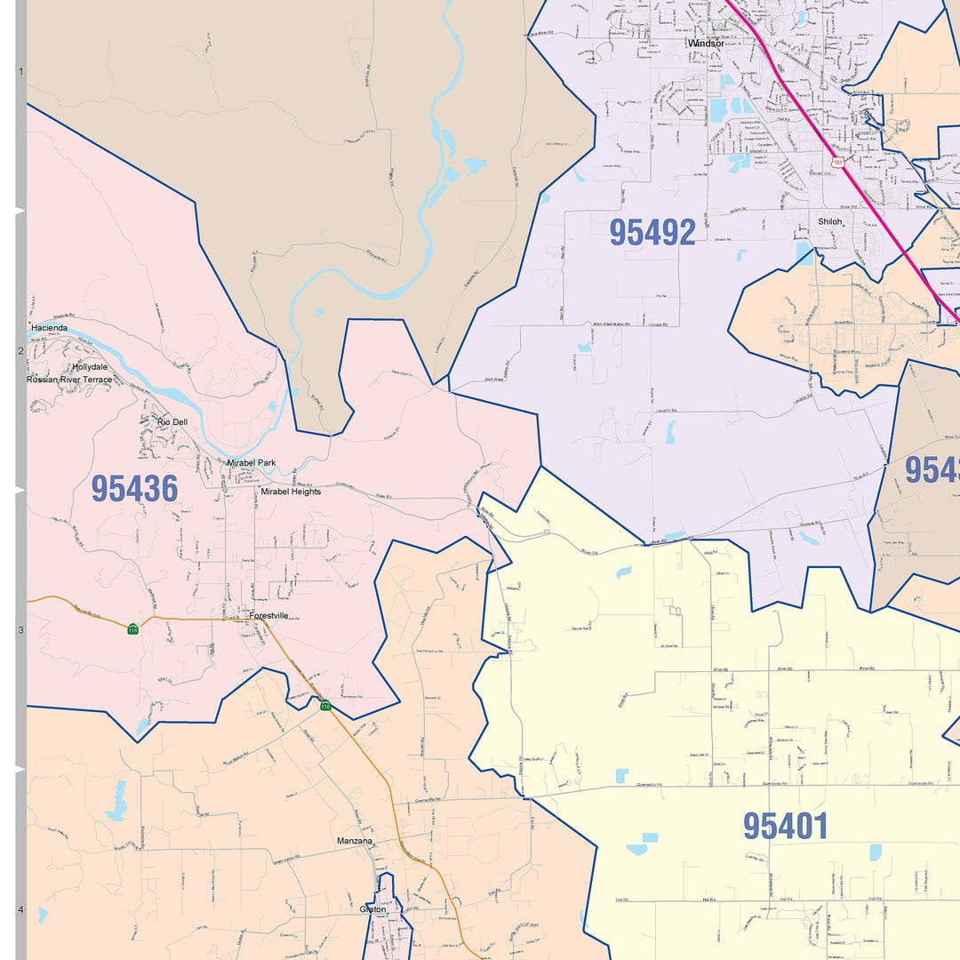 Color Cast Zip Code Style Wall Map of Santa Rosa, CA