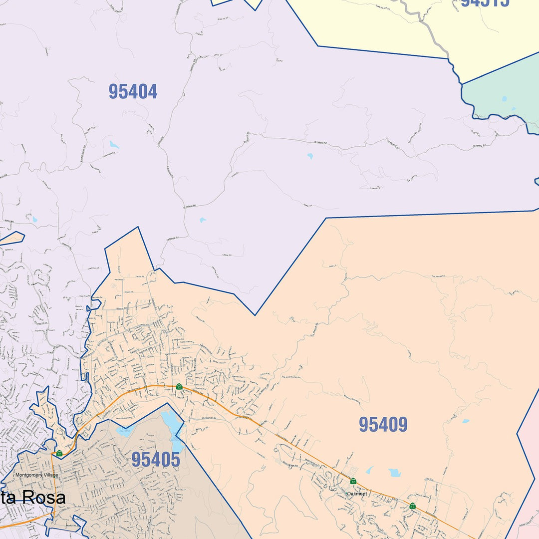 Color Cast Zip Code Style Wall Map of Santa Rosa, CA