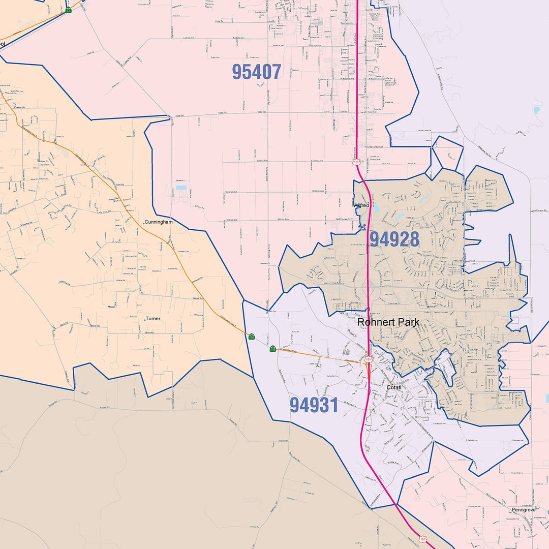 Color Cast Zip Code Style Wall Map of Santa Rosa, CA