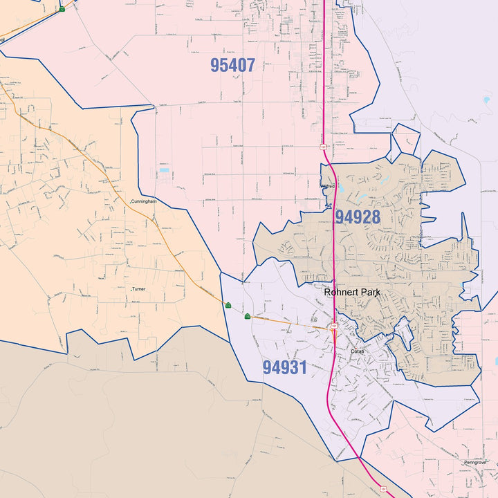 Color Cast Zip Code Style Wall Map of Santa Rosa, CA