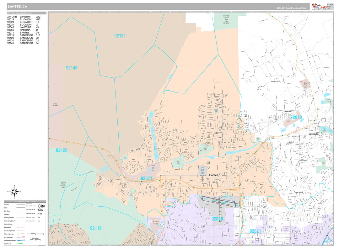 Premium Style Wall Map of Santee, CA