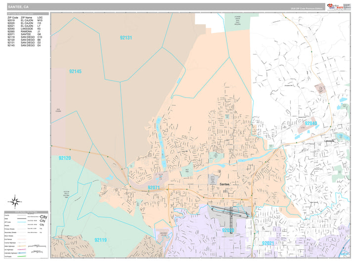 Premium Style Wall Map of Santee, CA