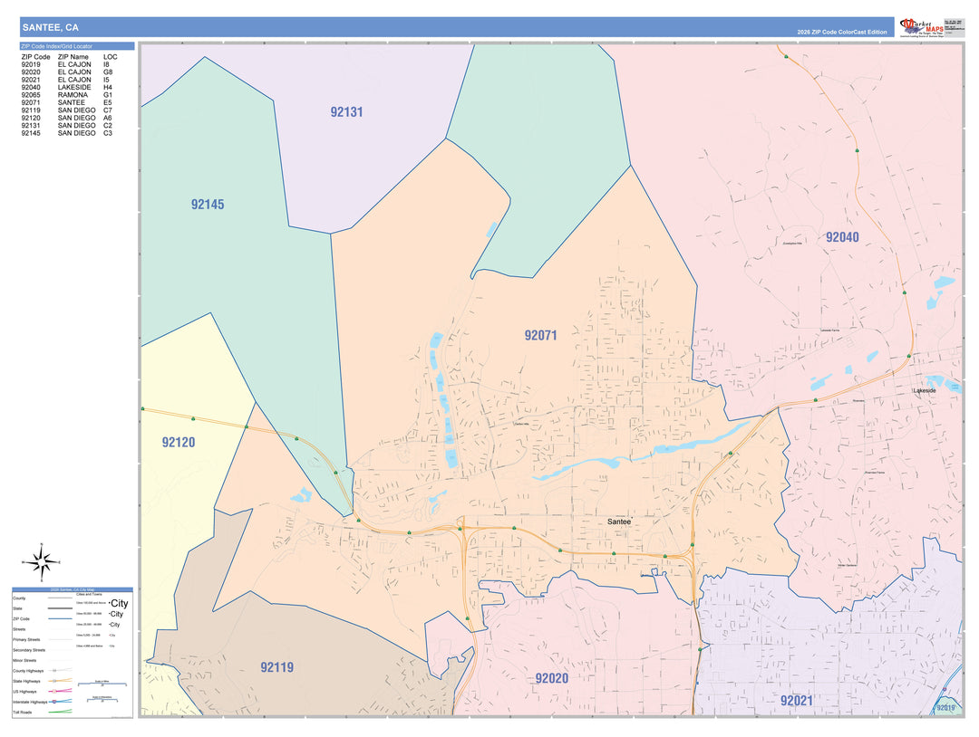 Color Cast Zip Code Style Wall Map of Santee, CA