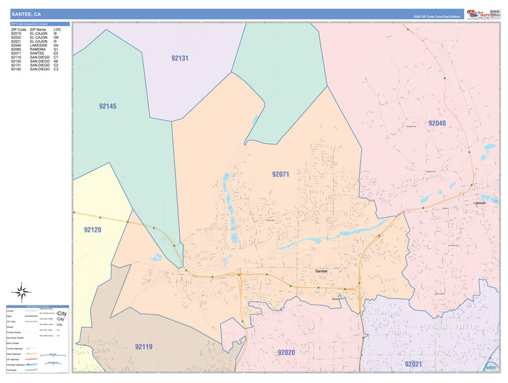 Color Cast Zip Code Style Wall Map of Santee, CA