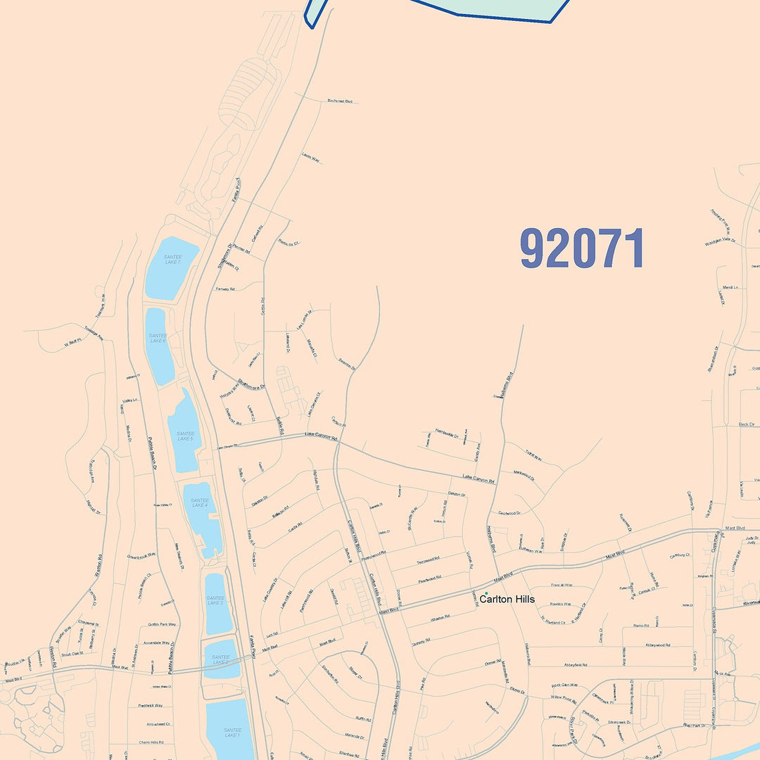Color Cast Zip Code Style Wall Map of Santee, CA