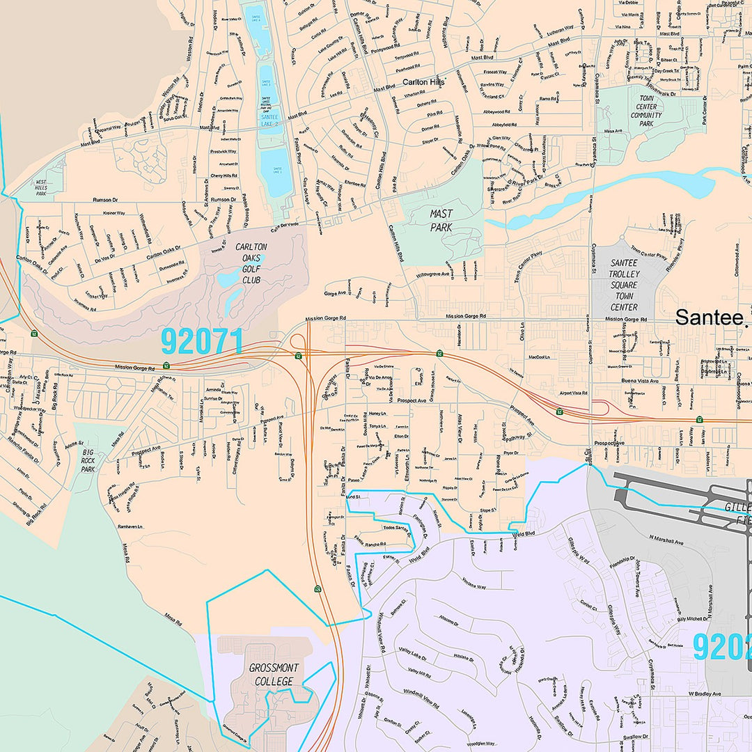 Premium Style Wall Map of Santee, CA