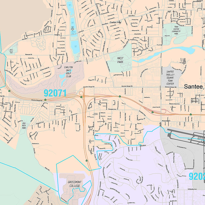 Premium Style Wall Map of Santee, CA