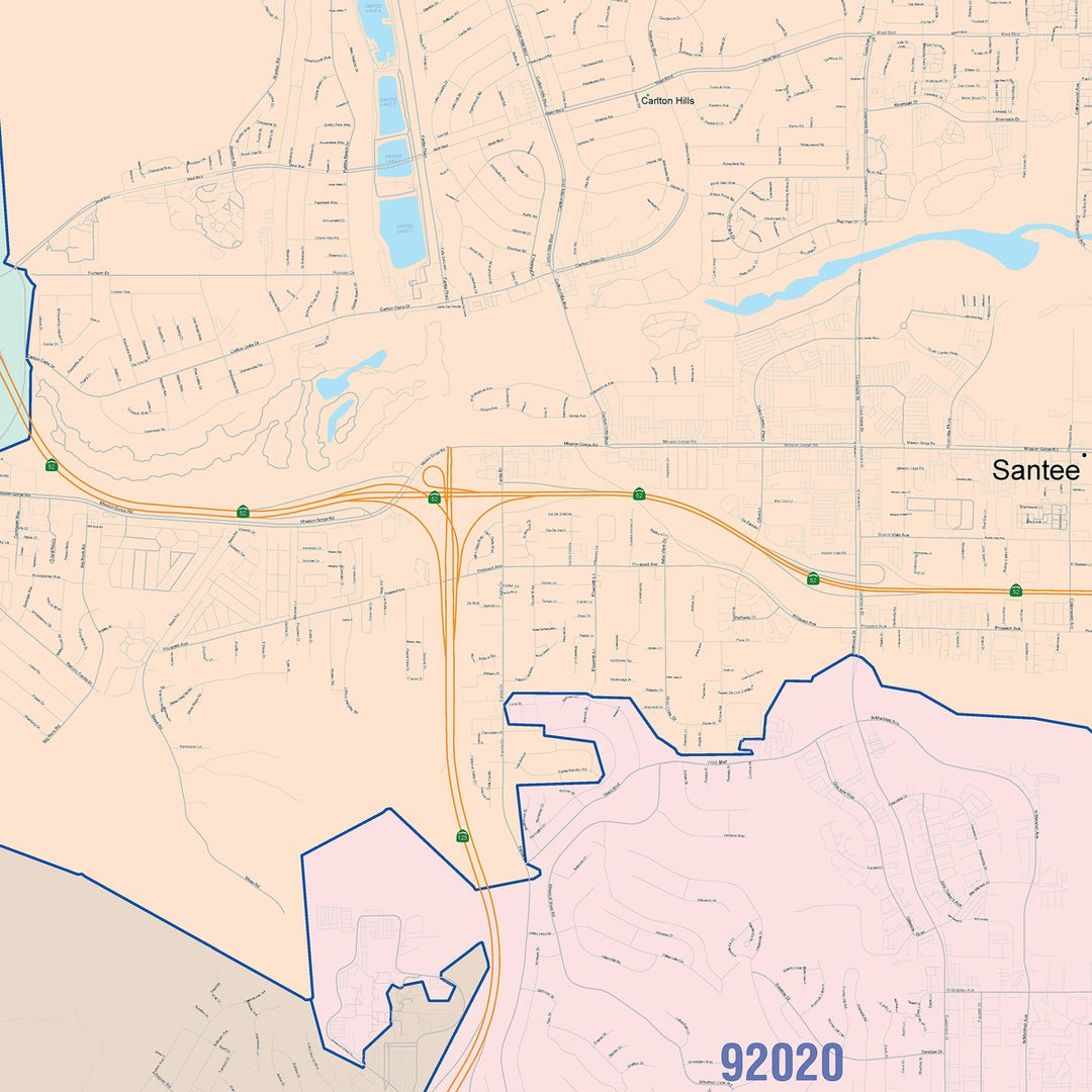 Color Cast Zip Code Style Wall Map of Santee, CA