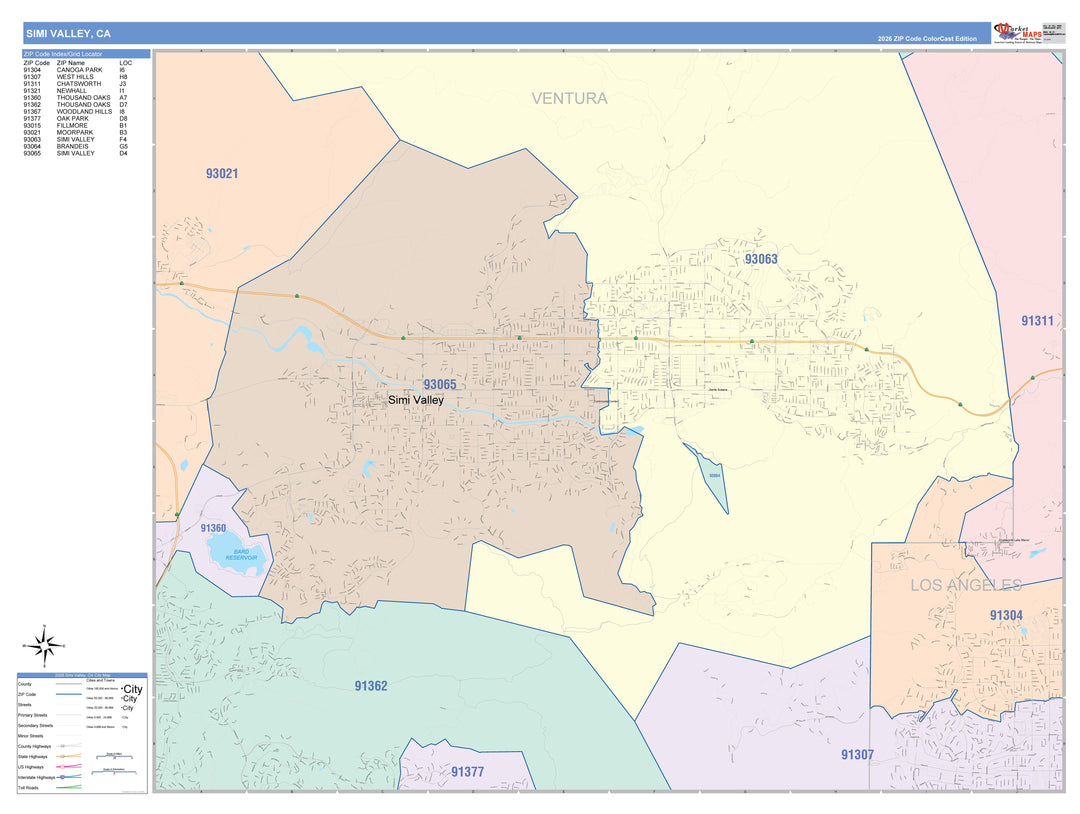 Color Cast Zip Code Style Wall Map of Simi Valley, CA