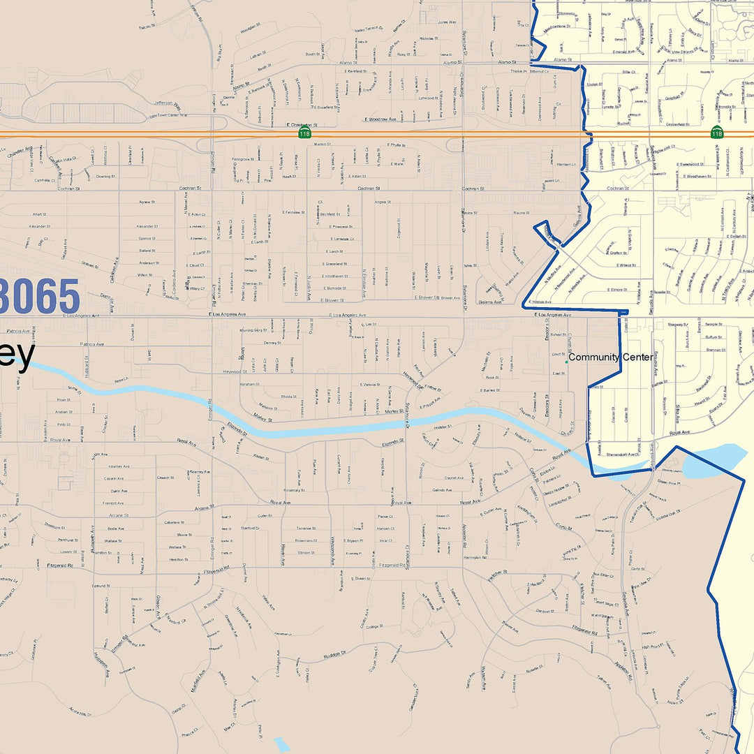 Color Cast Zip Code Style Wall Map of Simi Valley, CA