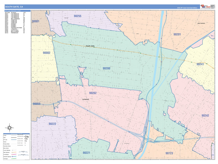 Color Cast Zip Code Style Wall Map of South Gate, CA