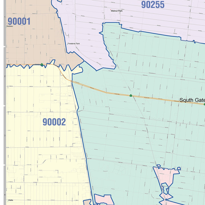 Color Cast Zip Code Style Wall Map of South Gate, CA
