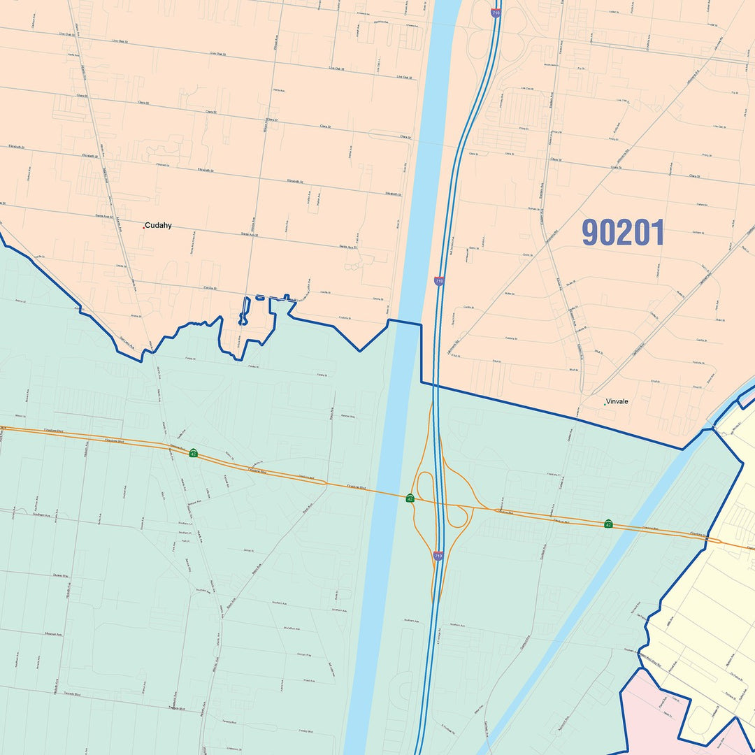 Color Cast Zip Code Style Wall Map of South Gate, CA