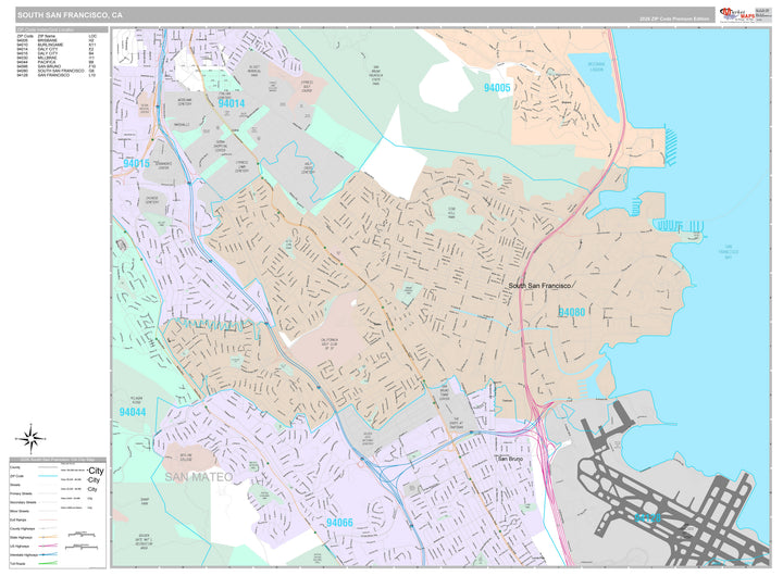 Premium Style Wall Map of South San Francisco, CA