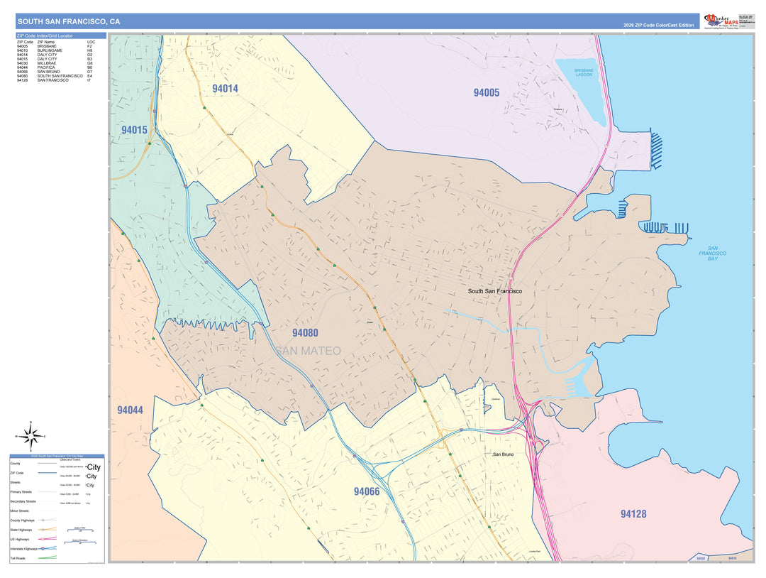 Color Cast Zip Code Style Wall Map of South San Francisco, CA
