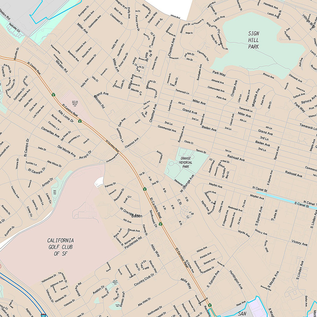 Premium Style Wall Map of South San Francisco, CA