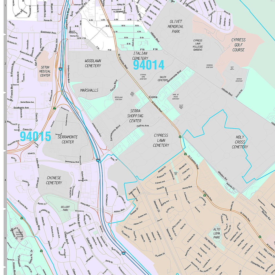 Premium Style Wall Map of South San Francisco, CA