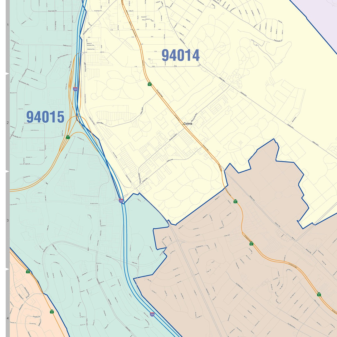 Color Cast Zip Code Style Wall Map of South San Francisco, CA