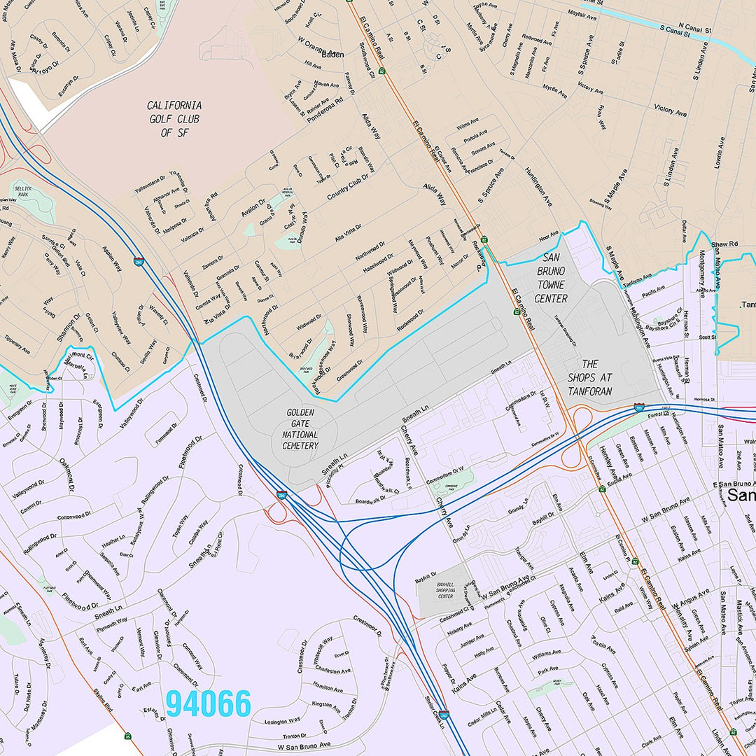 Premium Style Wall Map of South San Francisco, CA