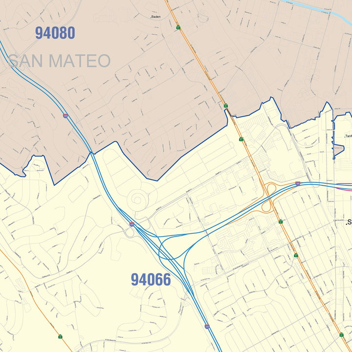 Color Cast Zip Code Style Wall Map of South San Francisco, CA