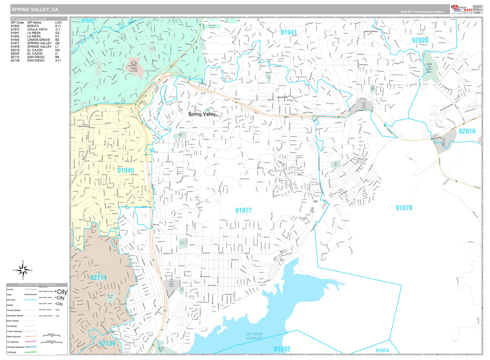 Premium Style Wall Map of Spring Valley, CA
