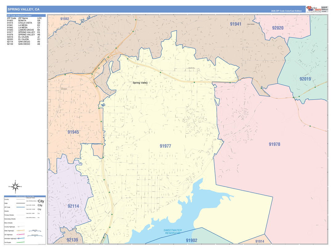 Color Cast Zip Code Style Wall Map of South Spring Valley, CA