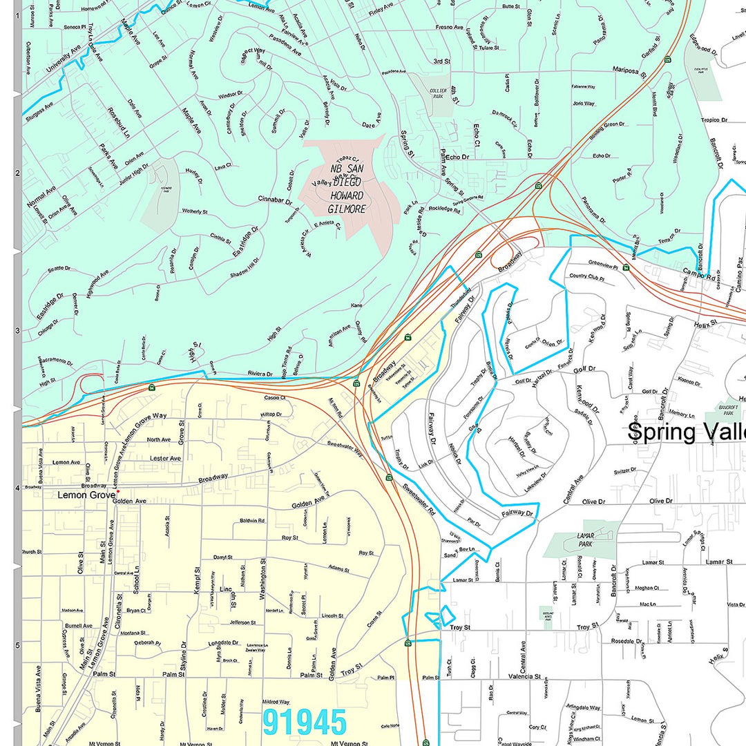 Premium Style Wall Map of Spring Valley, CA