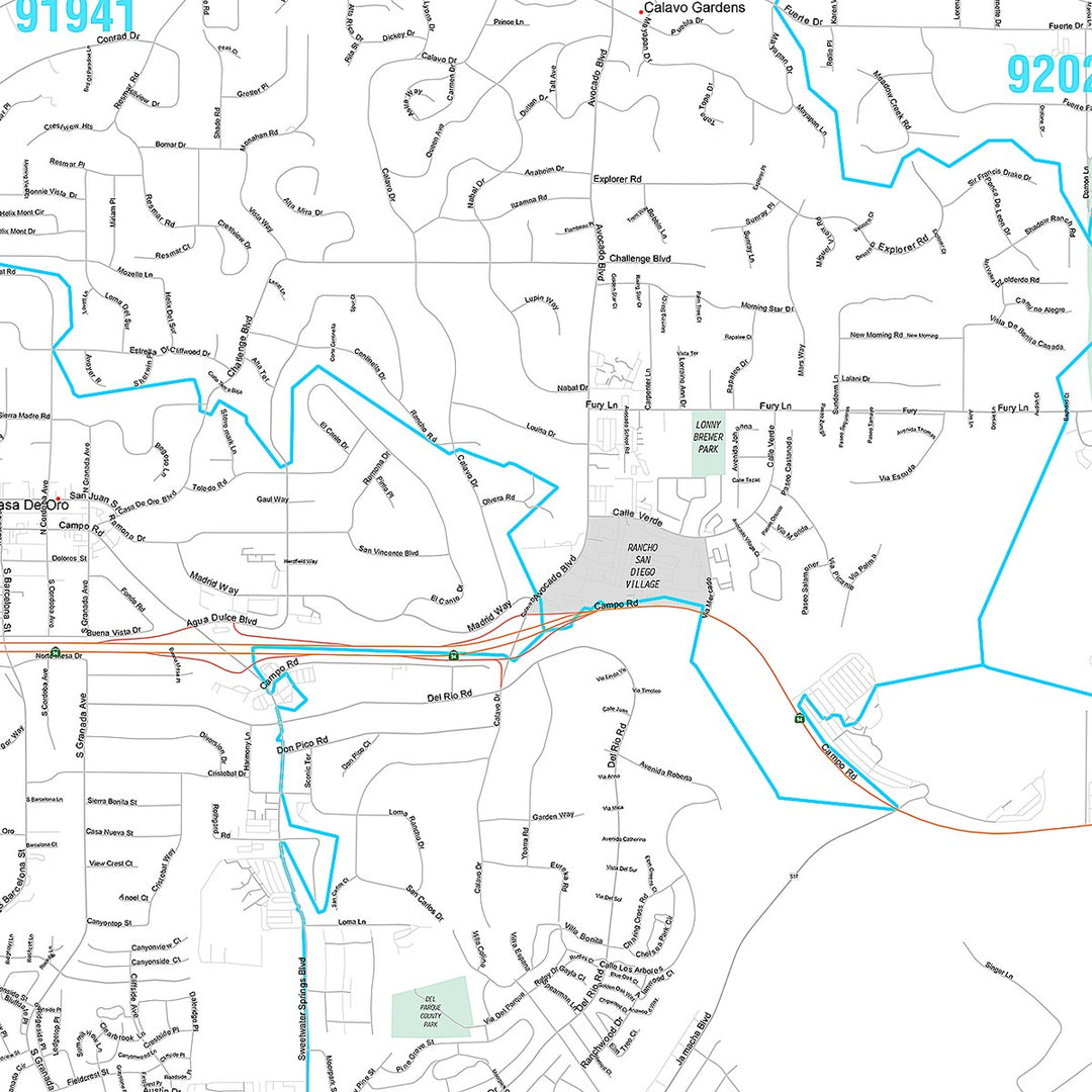 Premium Style Wall Map of Spring Valley, CA