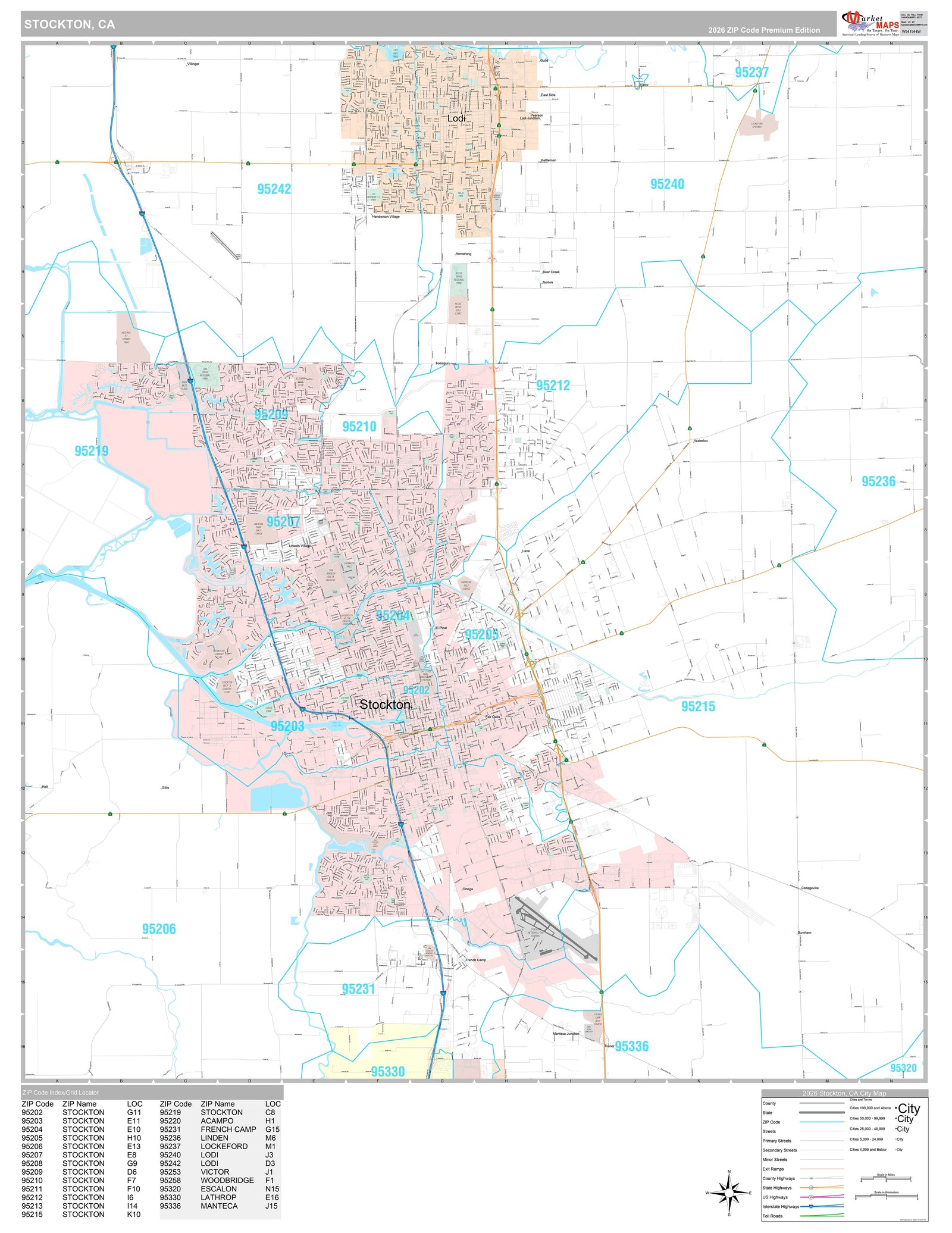 Premium Style Wall Map of Stockton CA