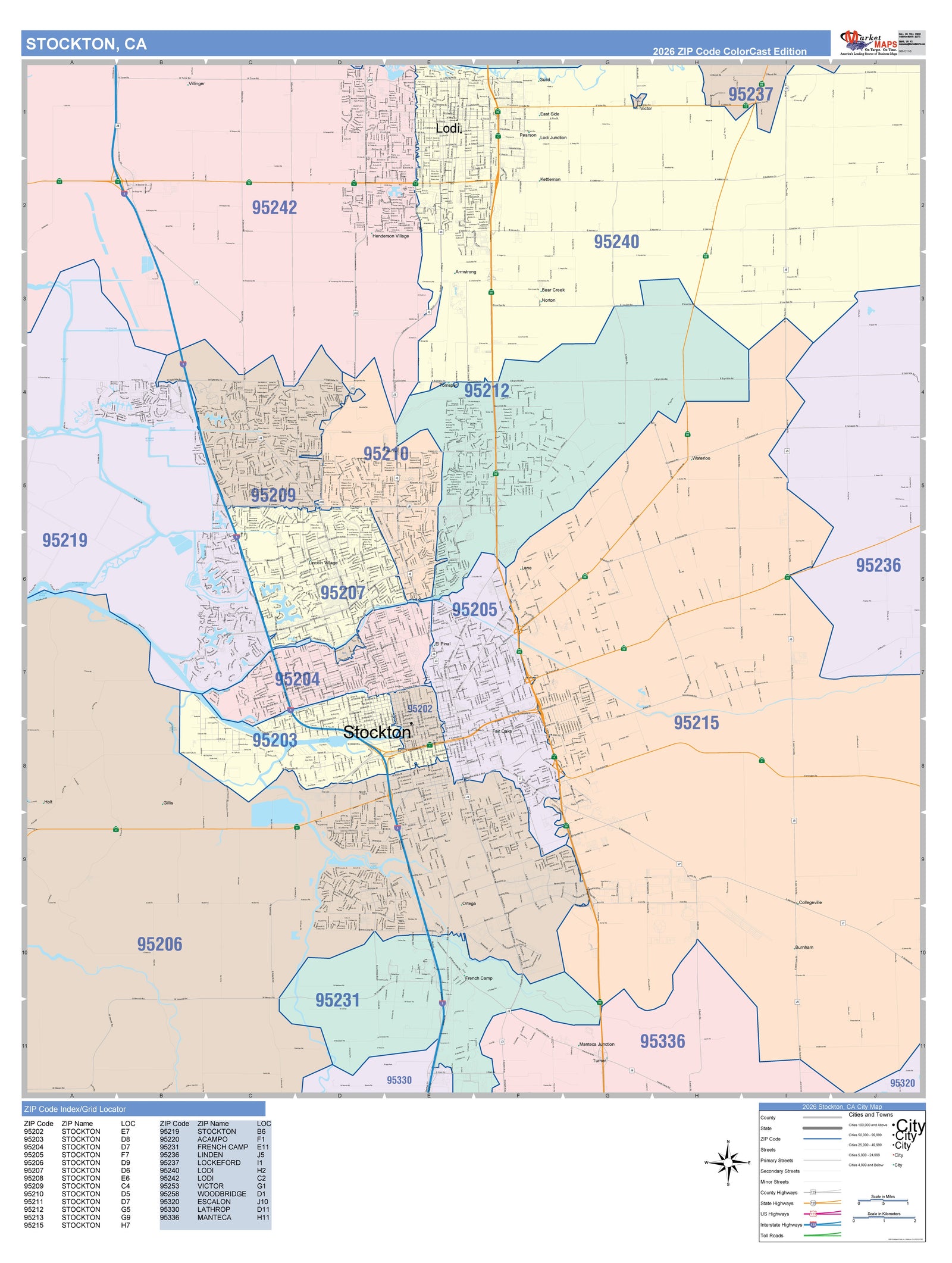 Colorcast Zip Code Style Wall Map of Stockton CA