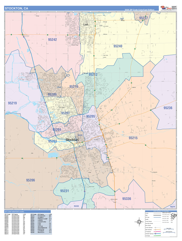 Colorcast Zip Code Style Wall Map of Stockton CA