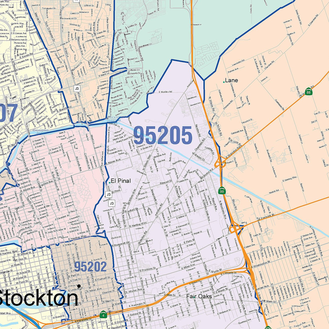Colorcast Zip Code Style Wall Map of Stockton CA