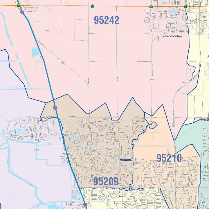 Colorcast Zip Code Style Wall Map of Stockton CA