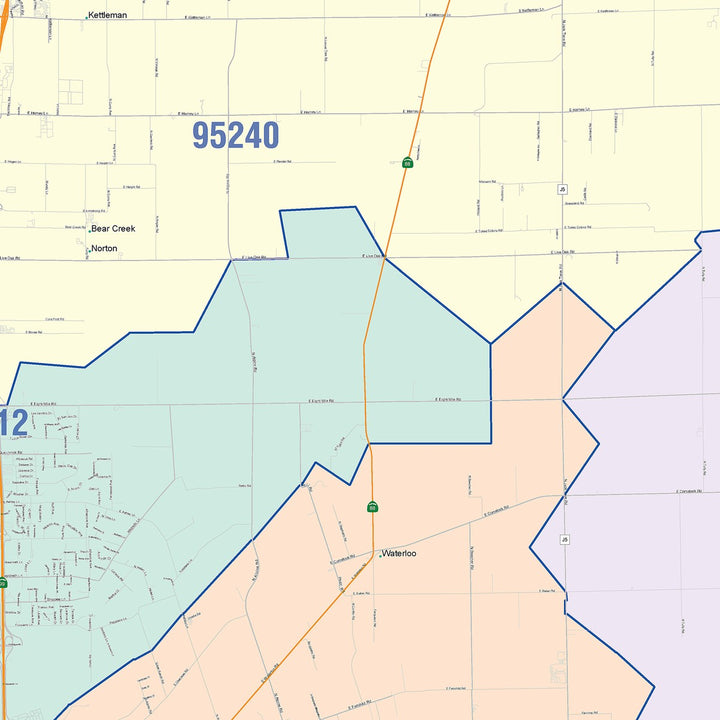 Colorcast Zip Code Style Wall Map of Stockton CA