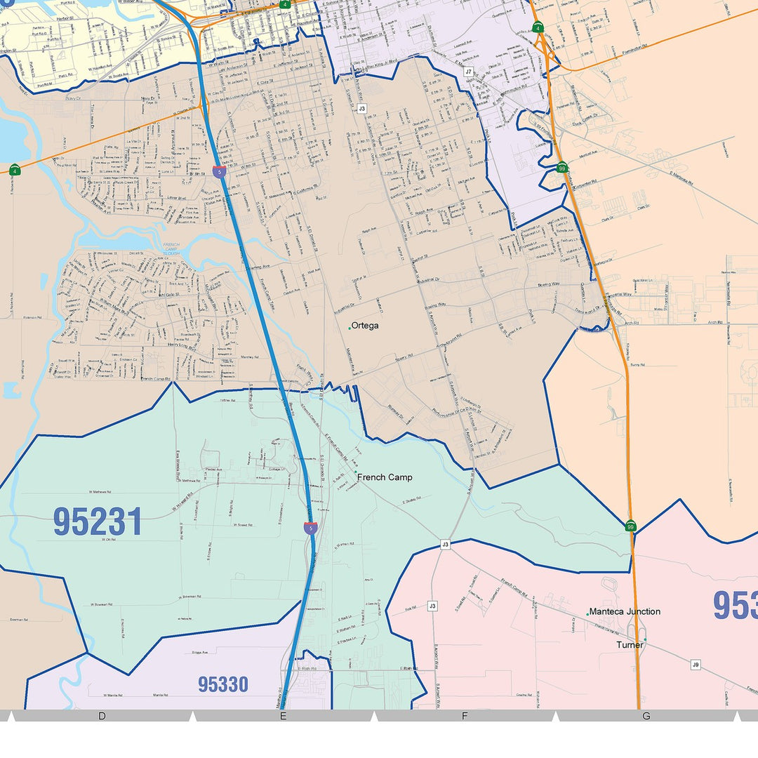 Colorcast Zip Code Style Wall Map of Stockton CA