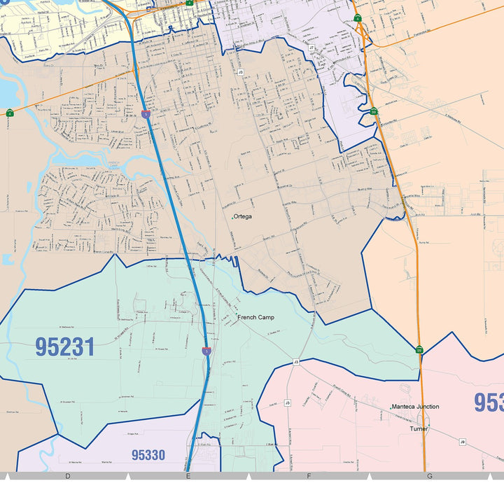 Colorcast Zip Code Style Wall Map of Stockton CA