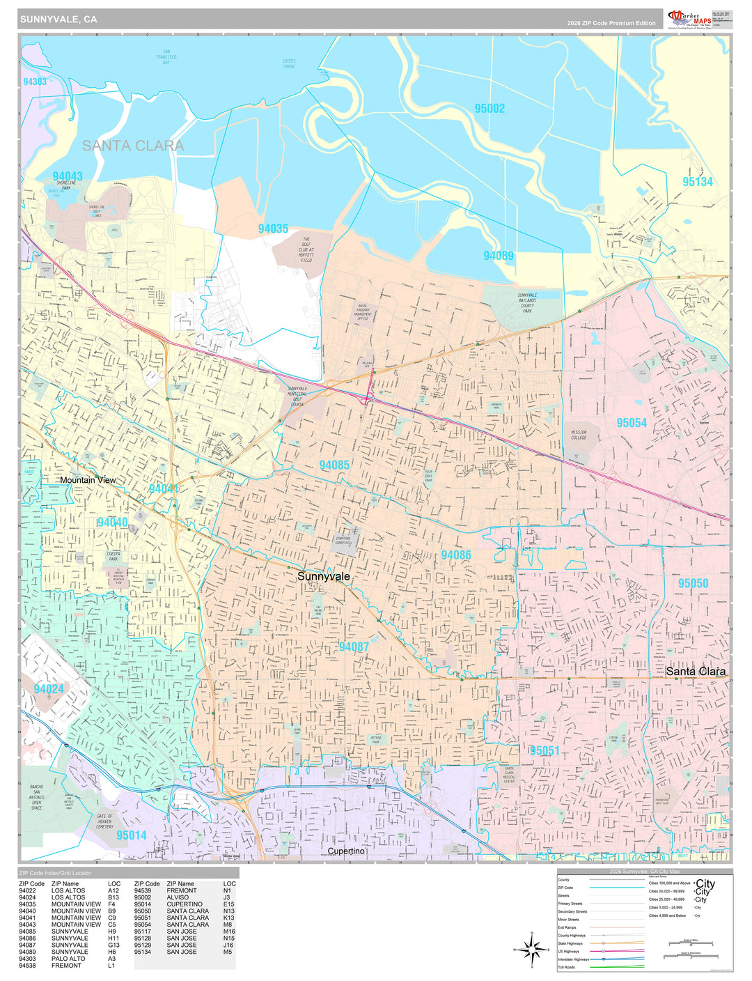 Premium Style Wall Map of Sunnyvale, CA