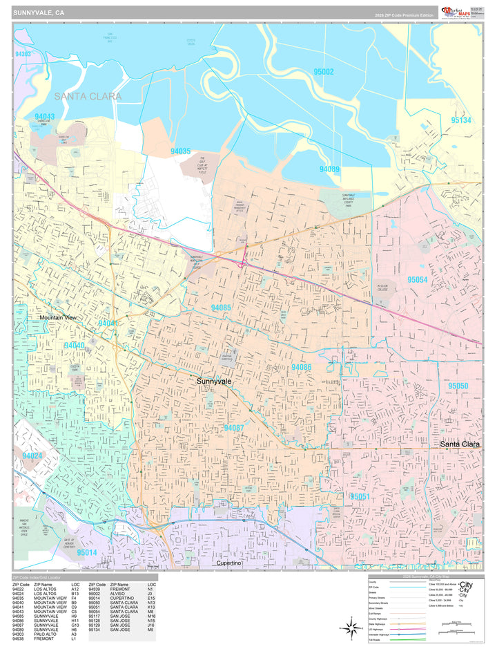 Premium Style Wall Map of Sunnyvale, CA