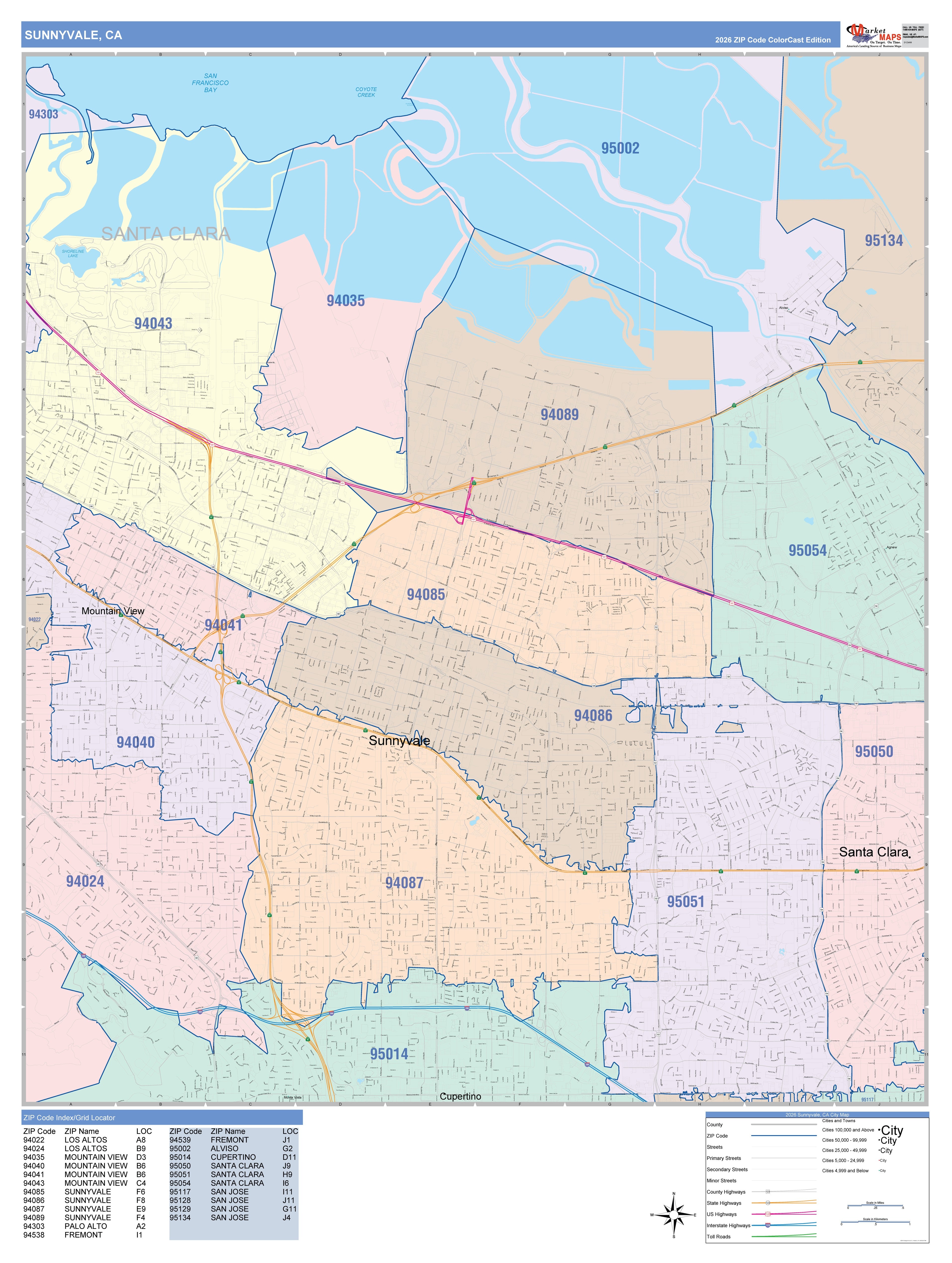 Color Cast Zip Code Style Wall Map of Sunnyvale, CA – American Map Store