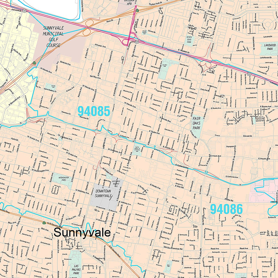 Premium Style Wall Map of Sunnyvale, CA