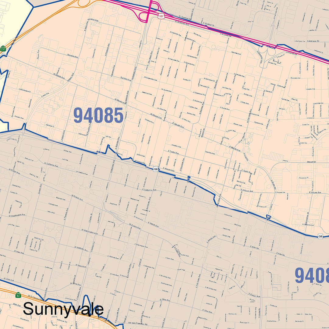 Color Cast Zip Code Style Wall Map of Sunnyvale, CA – American Map Store