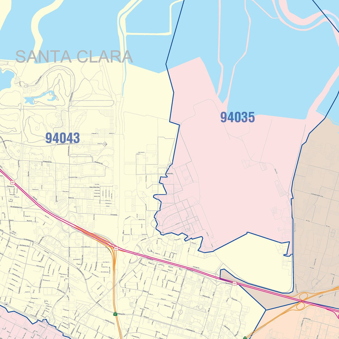 Color Cast Zip Code Style Wall Map of Sunnyvale, CA