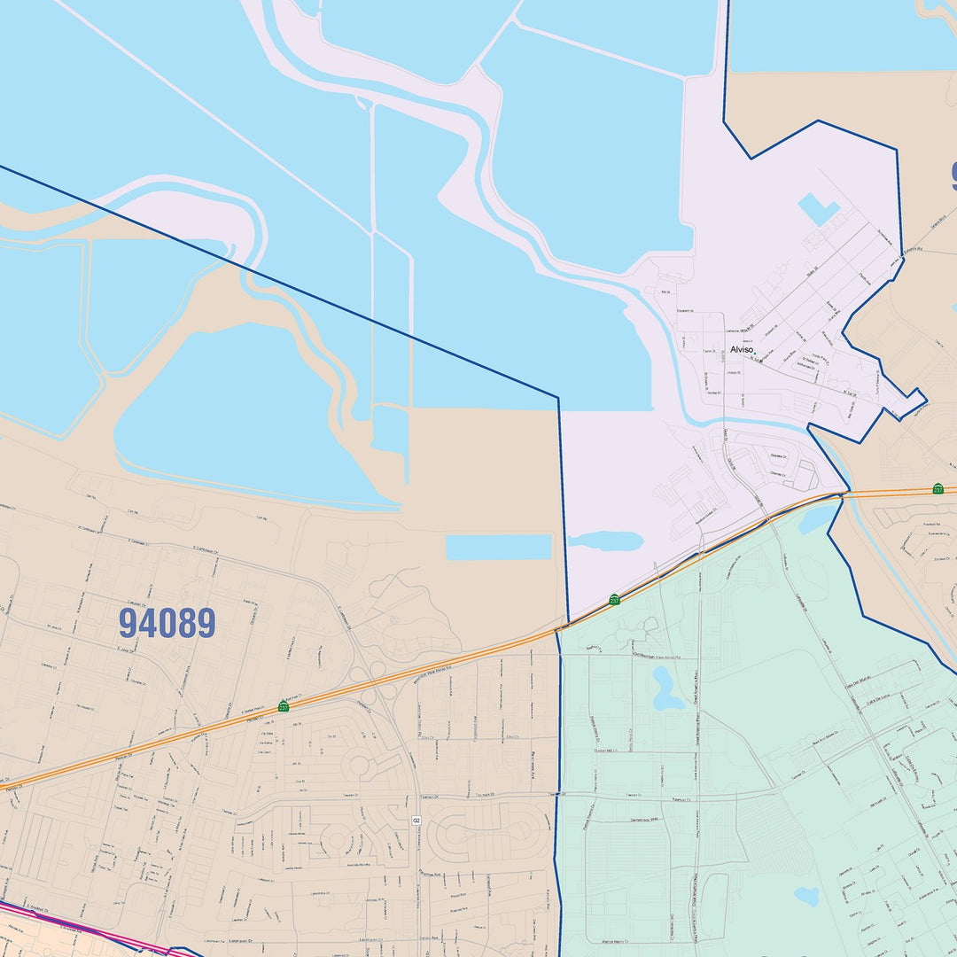 Color Cast Zip Code Style Wall Map of Sunnyvale, CA