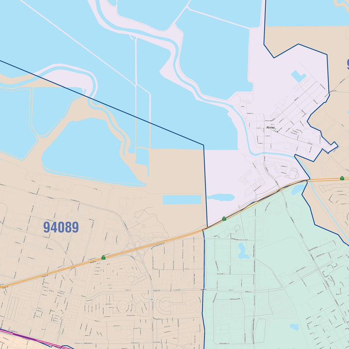 Color Cast Zip Code Style Wall Map of Sunnyvale, CA