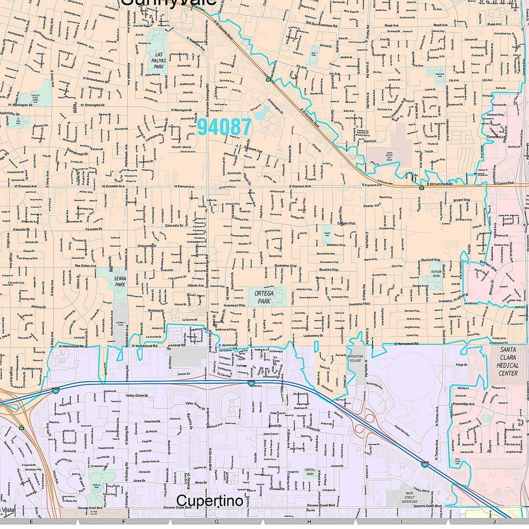 Premium Style Wall Map of Sunnyvale, CA