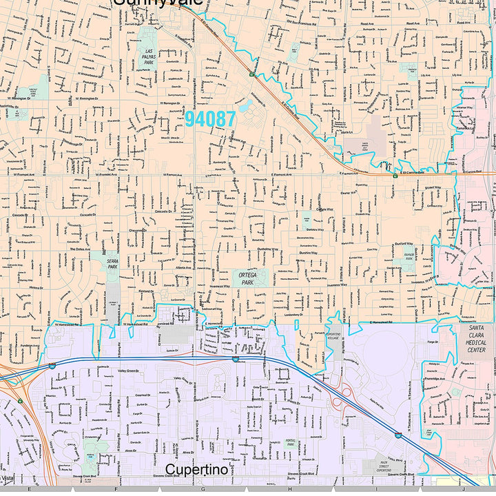 Premium Style Wall Map of Sunnyvale, CA