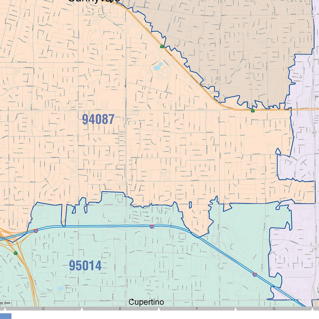 Color Cast Zip Code Style Wall Map of Sunnyvale, CA