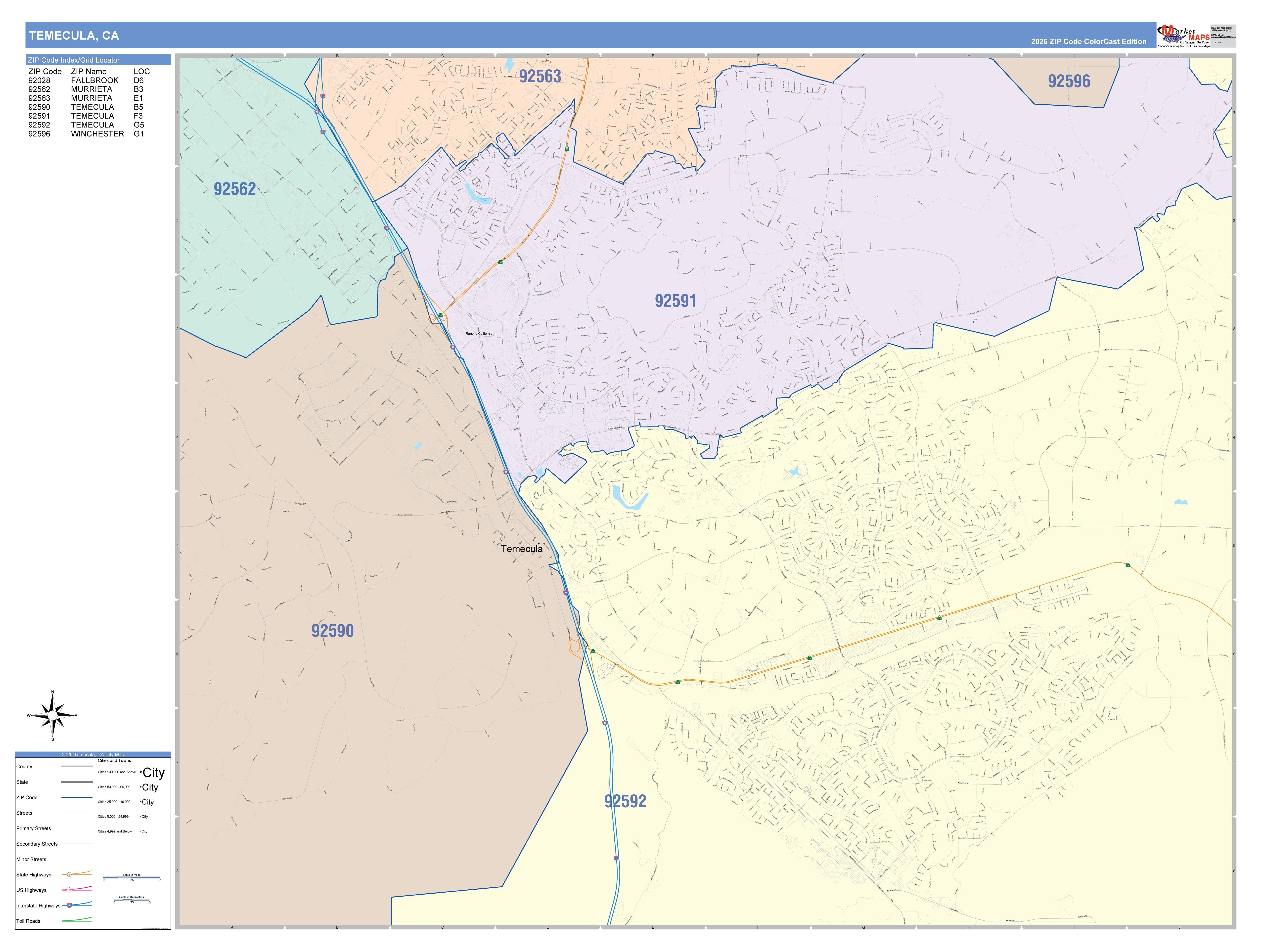 Color Cast Zip Code Style Wall Map of Temecula, CA – American Map Store